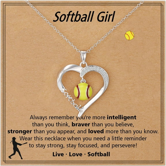 LUNVKY 18K White Gold Plated Softball Themed Love Heart Necklaces for Girls CZ Pendant Chain Birthday Valentines Day Jewelry Gifts Teen Girlfriend Wife Kids Age Ideas Team Game Day Sports Athlete