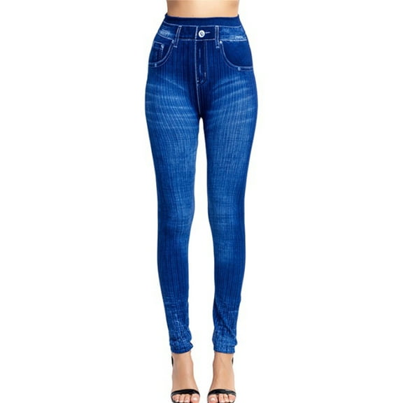 HomeGardon Women's Stretchy Jeggings High Waist Tummy Control with Back Pockets Denim Printed Fake Jean Leggings for Women Tights Slimming Many Colors Spandex Leggings Pants Free Size