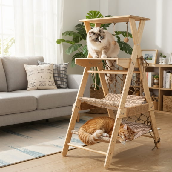 VGBYUJ 43.3" H Cat Tree, Wooden Cat Ladder with Hammock & Sisal Scratch Post for Big Cats Indoor Outdoor