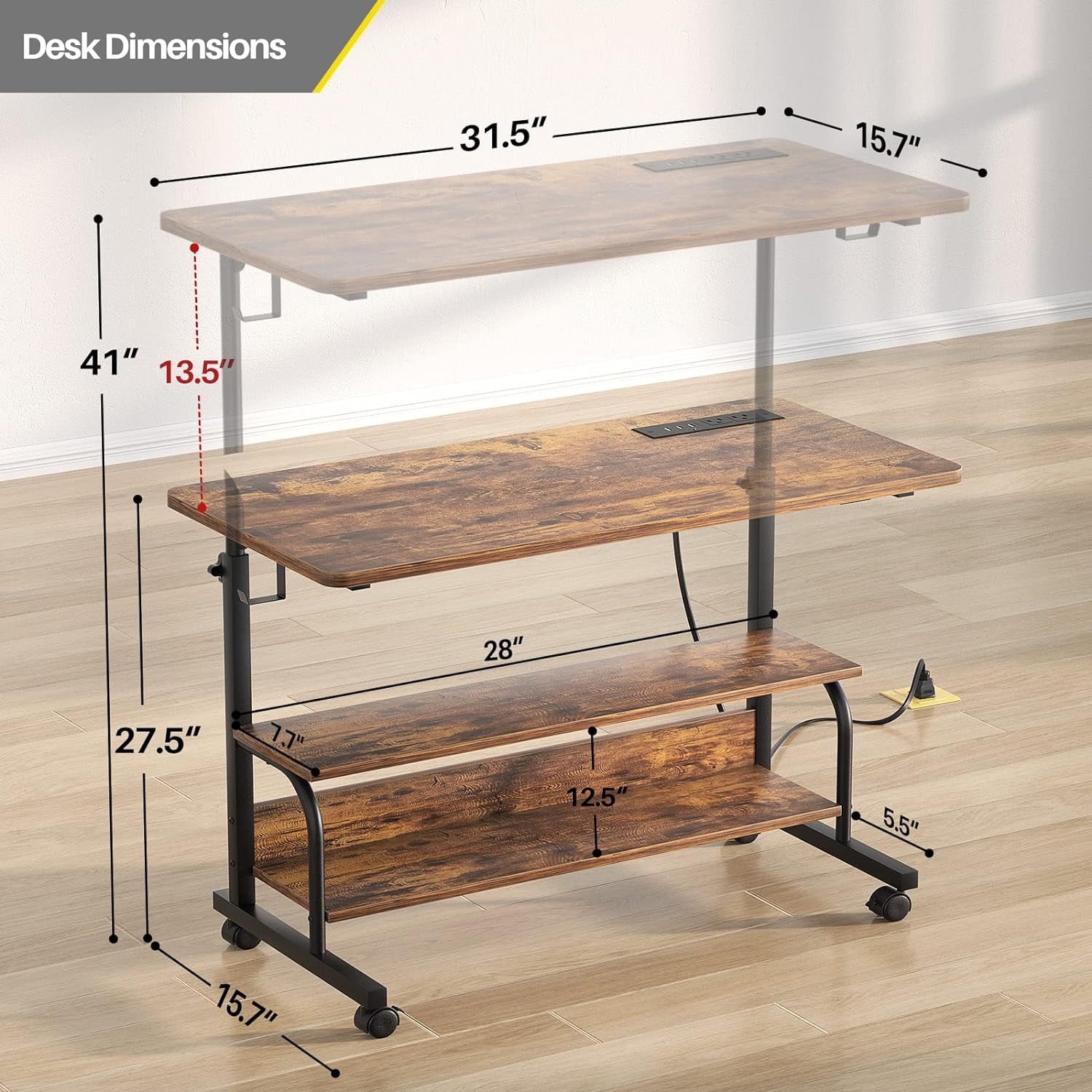 Homieasy Height Adjustable Standing Desk with Power Outlet & USB Ports, Max Height 41'', Small Mobile Computer Desk with Storage Shelves & Hooks, Portable Laptop Table for Home & Office, Rustic Brown