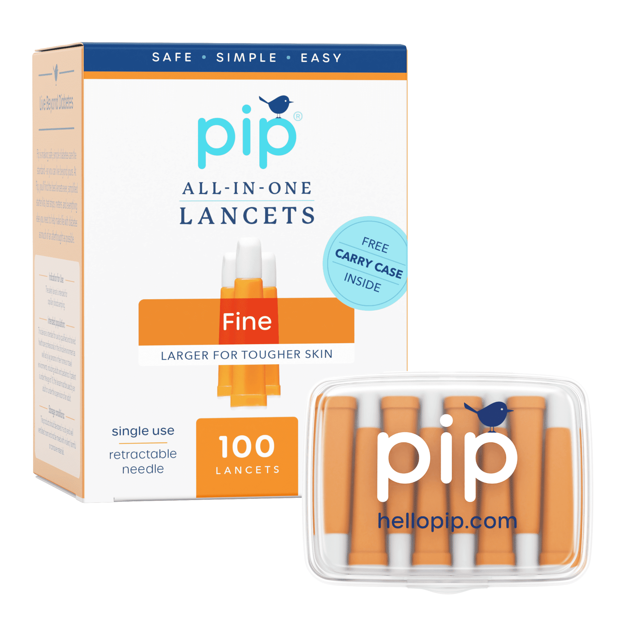 Pip Diabetic Lancets, All-in-One Safety Lancets for Blood Sugar Testing, 28G x 1.8mm, 100 Count