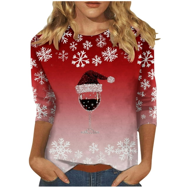 Lcziwo T Shirts for Women 3/4 Sleeve Round Neck Christmas Holiday Tops Funny Wine Glass Print Loose Blouses 2025 Fal Fashion Casual Tees Red,XXXL