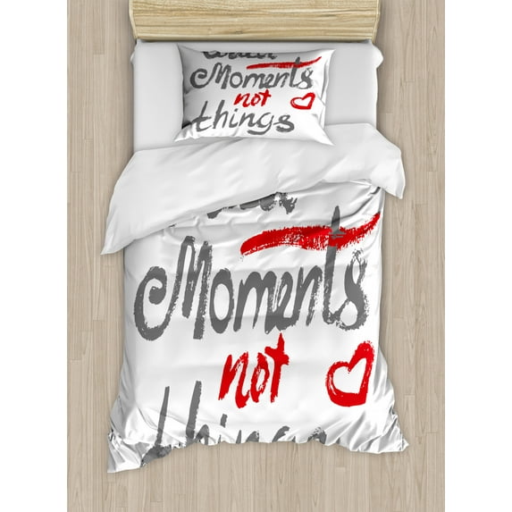 Saying Duvet Cover Set Twin Size, Paintbrush Streaks a Heart Doodle Typographic Layout Cautious Message, Decorative 2 Piece Bedding Set with 1 Pillow Sham, Grey Vermillion White, by Ambesonne