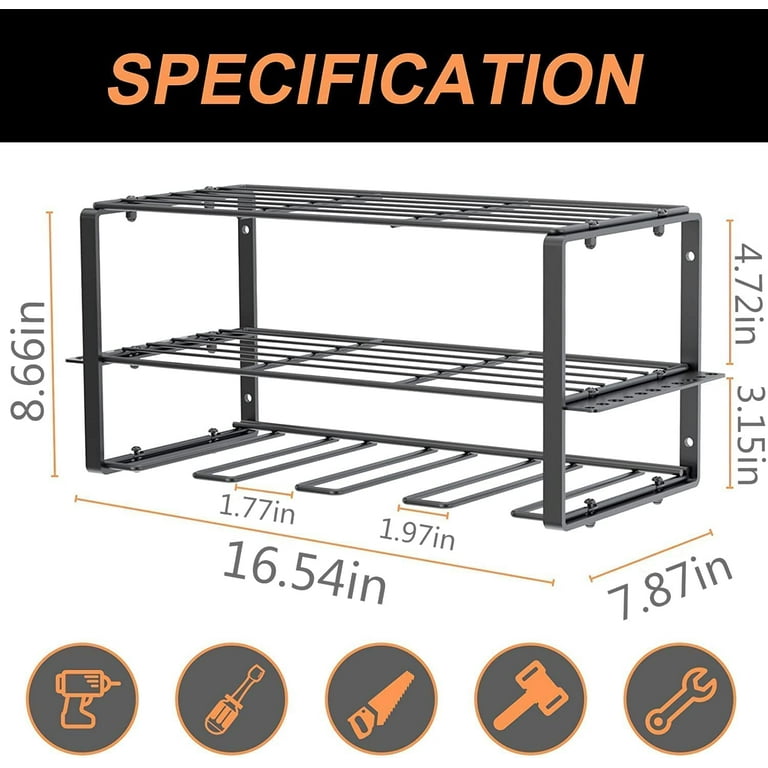 2 in. H x 17 in. W x 8.5 in. D Carbon Steel Power Tool Organizer 4-Slot  Drill Holder Wall Mounted Storage Rack