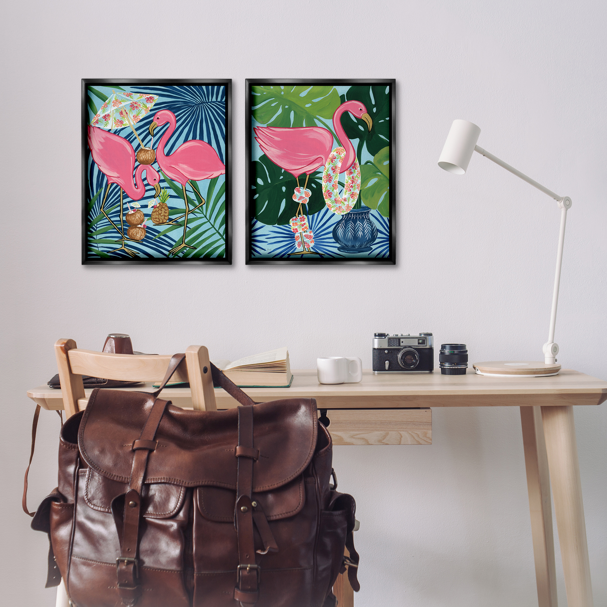 Stupell Industries Happy Hour Flamingos Animals Painting Black Floater Framed Canvas Art Print Wall Art, 17 x 21, Set of 2