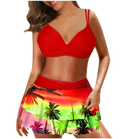 Women s High Waisted Bikini Set Swimsuits with Skirt Two Piece Ruched Bathing Suits Hawaiian Tropical Print Swim Cami Bra And Ruffles Skirts Bathing Sets Beachwear Red M