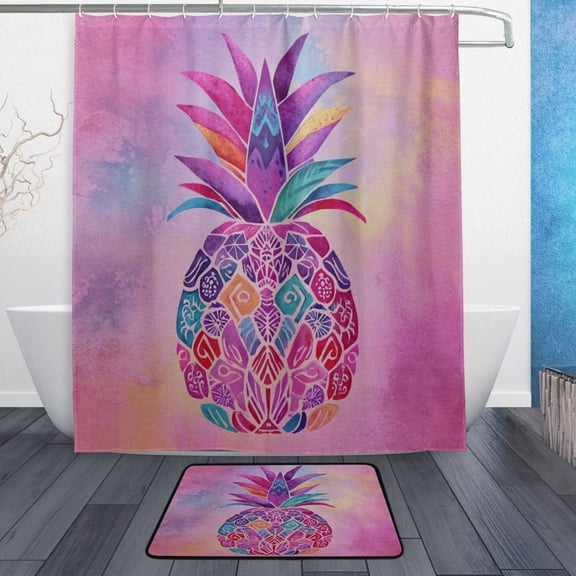 TTYFWHD 60" x 72" Shower Curtain and Bath Mat Set Bohemian Pineapple Design Waterproof Bathroom Curtain with 12 Hooks, Bathroom Decor Set