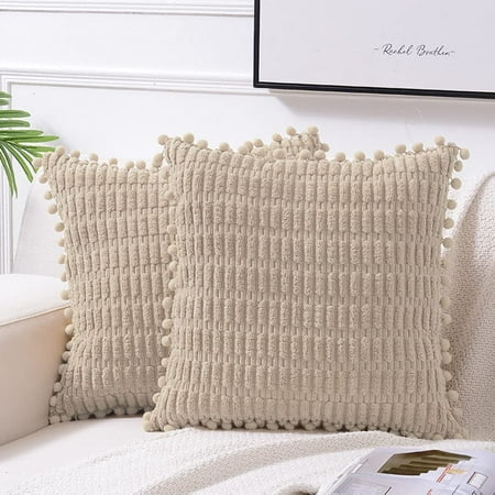 

Fancy Homi 2 Packs Tan Decorative Throw Pillow Covers 16x16 inch with Pom-poms for Couch Bed Living Room Farmhouse Boho Home Decor Soft Corduroy Cute Beige Square Cushion Case 16x16