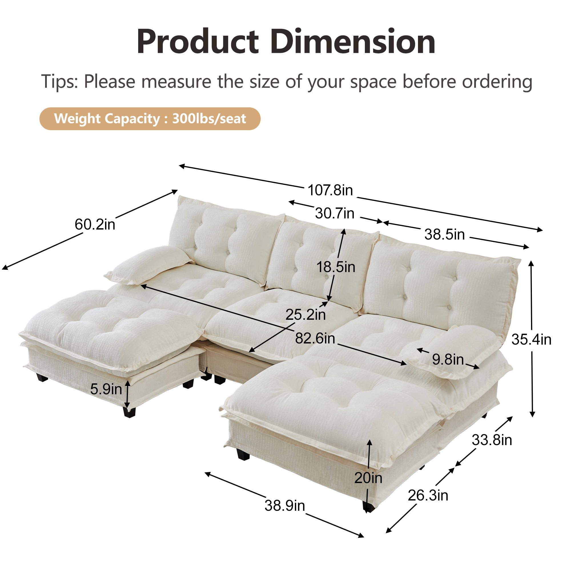 AISWORD 107" U-Shaped Modular Sectional Cloud Sofa with 2 Ottomans, Chenille Fabric Deep Seat Couch with Lattice Decored Cushions