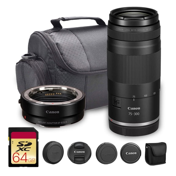 Canon RF 75-300mm f/4-5.6 Lens (7155C002)   EF-EOS R Adapter   Bag   64GB Card