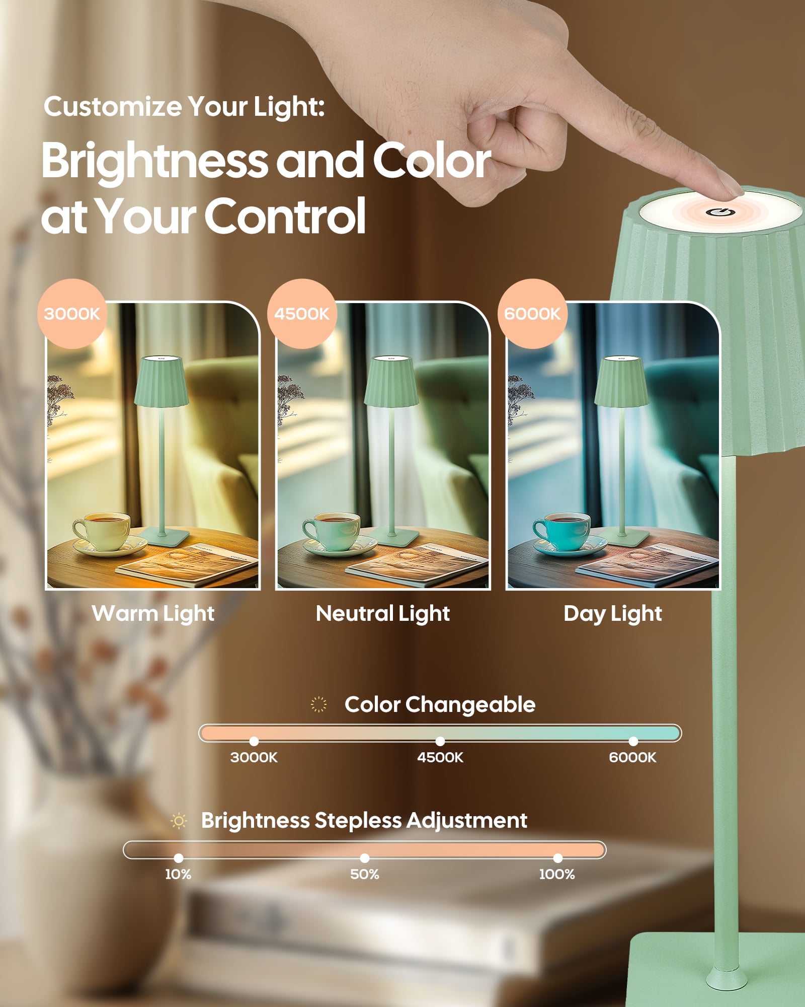 Cordless LED Table Lamps, with 5200mAh Battery, Touch Control, 3 Colors Stepless Dimming for Home Office Restaurant Bedroom Bars (2 Pack)