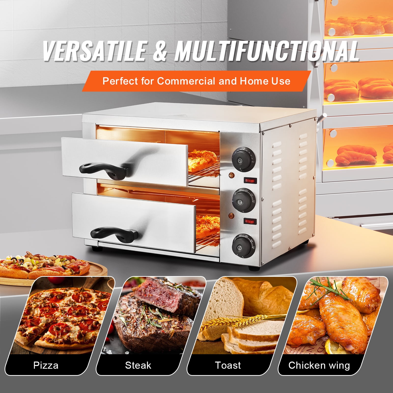 KFFKFF Countertop Electric Pizza Oven, 12-inch, 1700W, Features Temperature Adjustment & 0-120 Minute Timer, Equipped with Uniform Baking Technology & Simple-to-Clean Crumb Tray