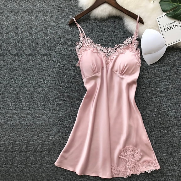 ZHOGXU Women's Dress Sleepwear Sleeveless Suspender V Neck Solid Color Lace Trim Fashion Comfortable Elegant Dresses For Casual Daily Wear,Pink,L