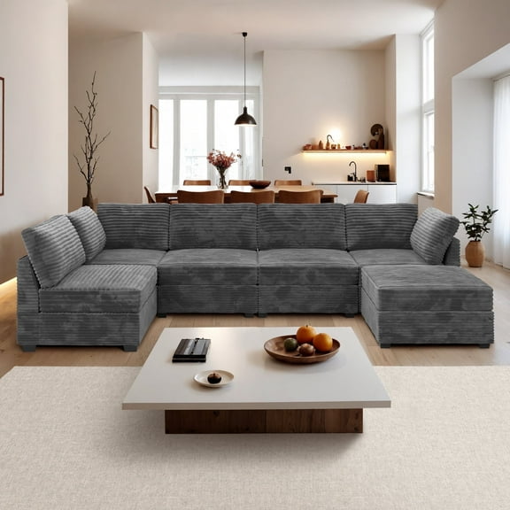 Ovios Oversized Modular Sectional Sofa Couch 130.7 Inch 6 Seater U Shaped Sofa with Ottoman Modern Deep Seat Cloud Corduroy Couches for Living Room,Office, Grey