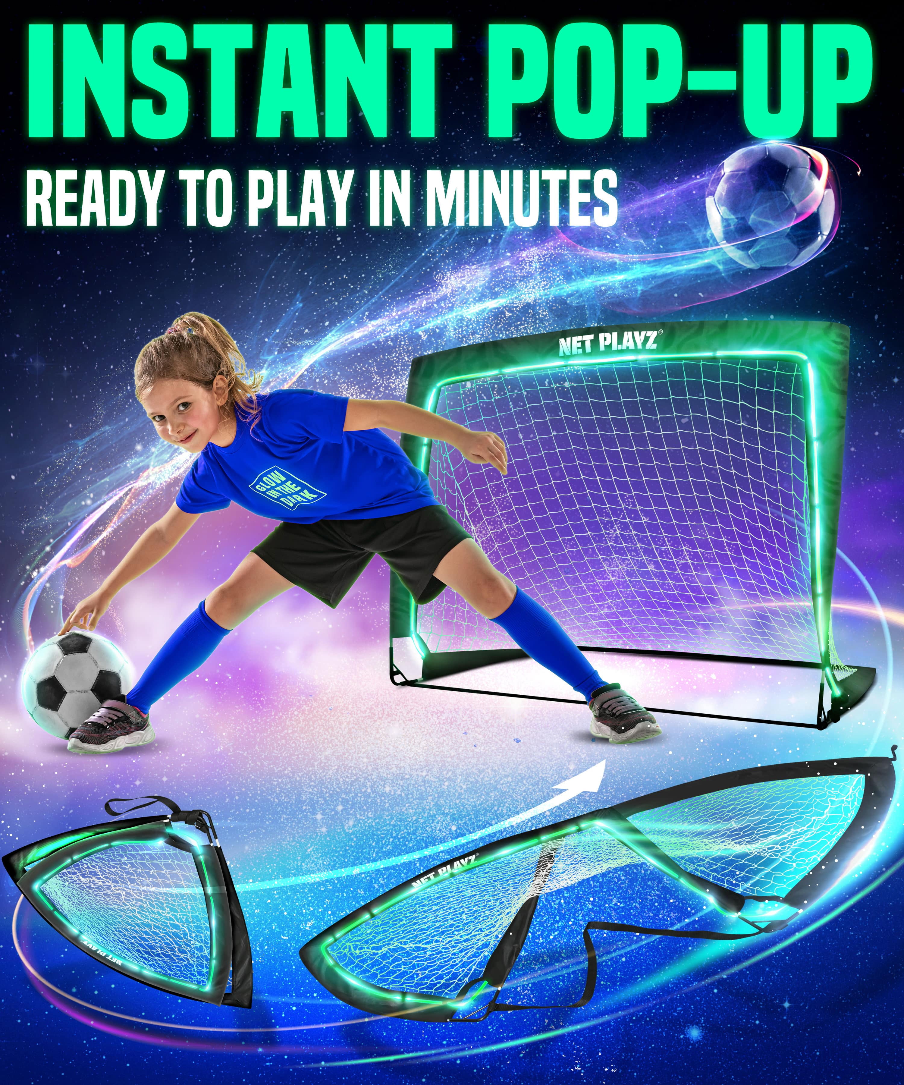 Soccer Goals (Glow in The Dark) Kids Pop-up Soccer Net Football Goals, Portable