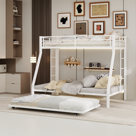 Leumius Metal Twin over Full Bunk Bed with Trundle, Space Saving Bunk Bed Frame with Ladder and Guardrails for Dorm, Apartment,White