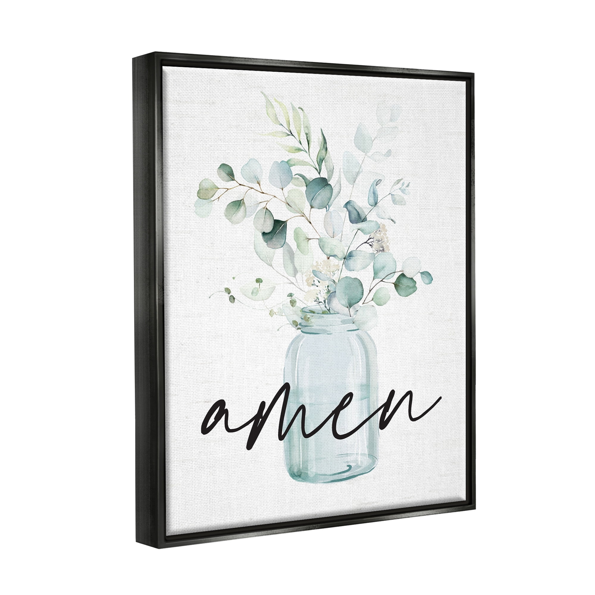 Stupell Industries Amen Religious Calligraphy Eucalyptus Botanicals Country Jar Graphic Art Jet Black Floating Framed Canvas Print Wall Art, Design by Lettered and Lined