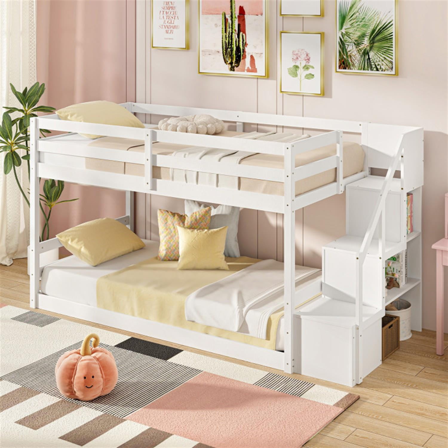 Demi Bonn Twin Over Twin Low Bunk Bed with Storage Stairs, Solid Wood Floor Bunkbeds Frame for Bedroom, No Box Spring Needed, White
