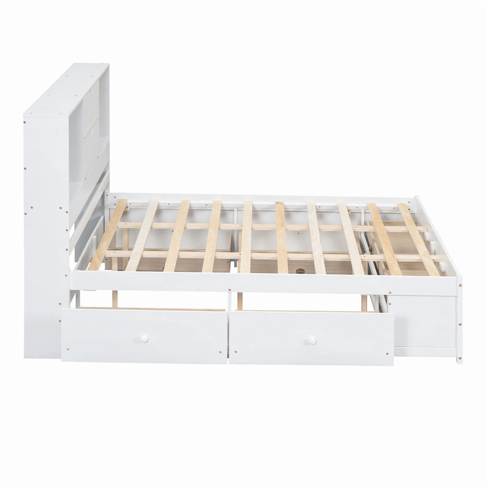 Queen Size Platform Bed with Bookcase Headboard, Storage Wooden Bed Frame with 8 Drawers