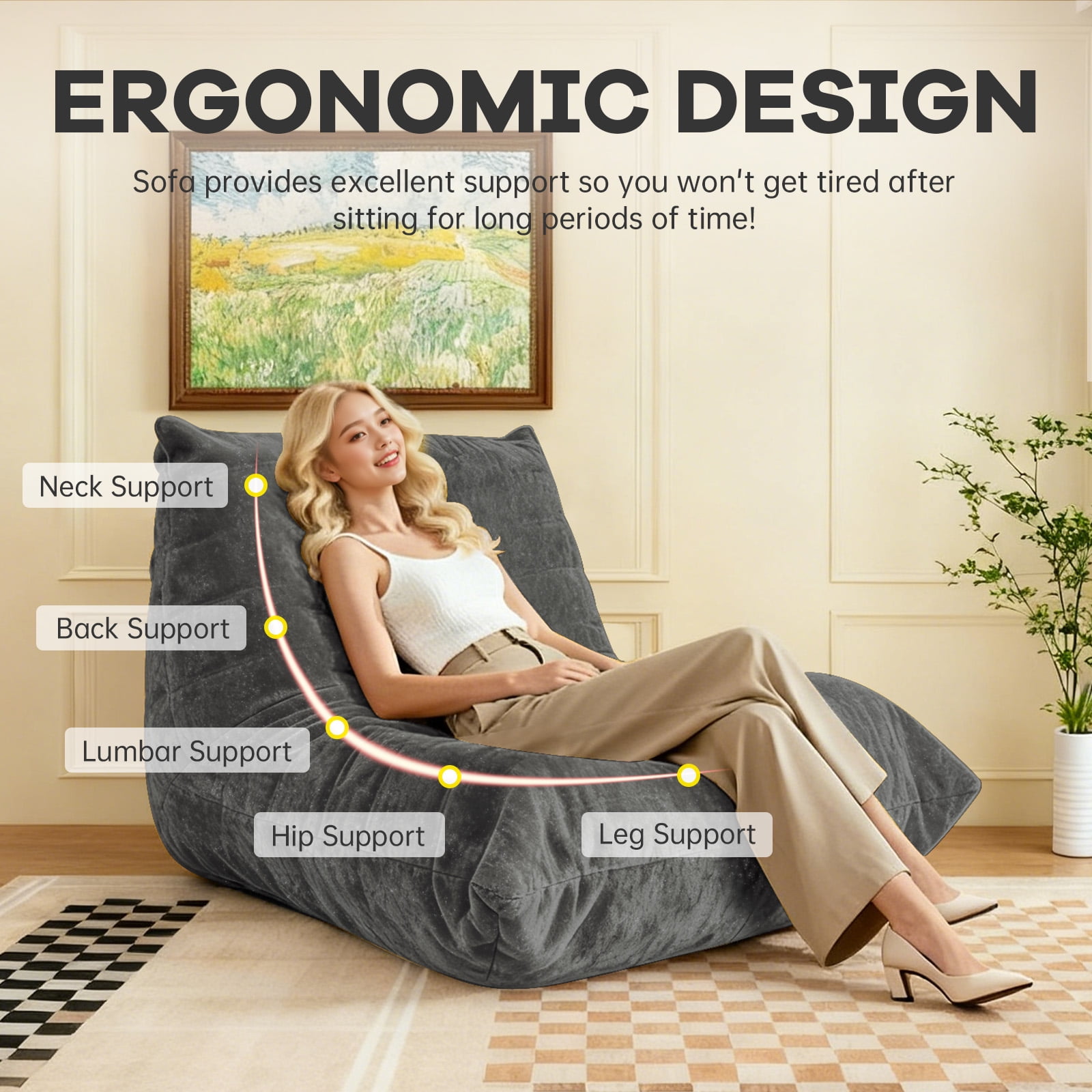 Big Bean Bag Chairs for Adults, Bean Bag Sofa with Soft Sparkling Snow Neil Fabric suitable for Living Room,Apartments,Reading Corner,Gaming and movie,Memory Foam Lazy Couch for Fireside Chair(grey)