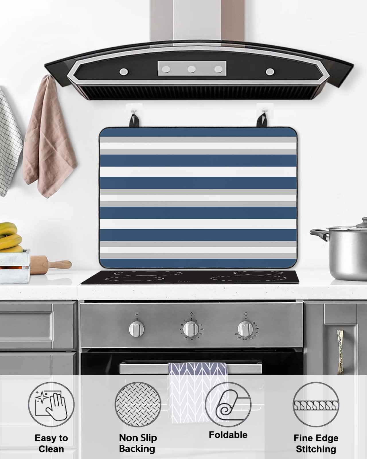 nqOlkjepod Large Induction Cooktop Protector Mat 36"x21", Navy Blue Grey Stripe Stove Top Covers for Electric Stove, Minimalist Farmhouse Striped Stove Burner Cover Mats, Glass Top Stove Cover