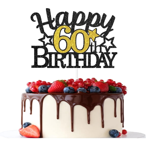 Happy 60th Birthday Cake Topper, Star Theme Cheers to 60 Years Birthday Supplies, 60 Fabulous Decoration for 60th Birthday Party Decorations, Black Glitter