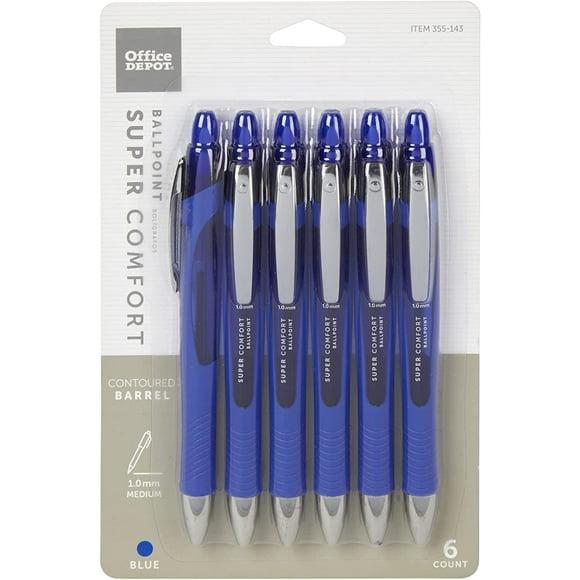 Office Depot Retractable Ballpoint Pens With Grip, Medium Point, 1.0 mm, Blue Barrel, Blue Ink, Pack Of 6