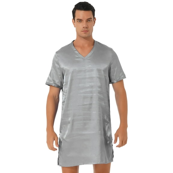 iiniim Men's Nightshirt Satin Nightwear Comfy V Neck Short Sleeve Soft Loose Pajama Sleep Shirt