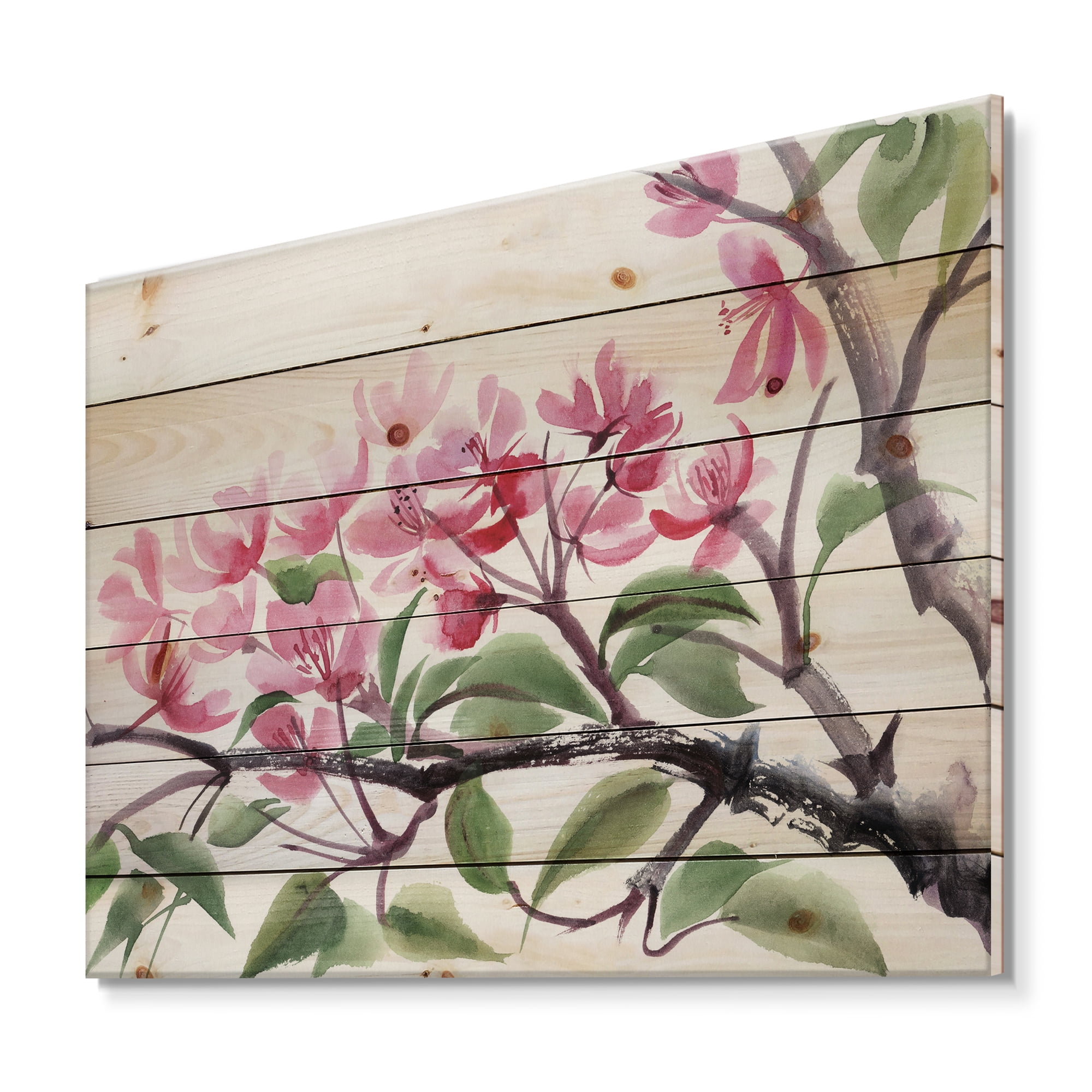Designart 'Pink Blossoming Floral Tree' Traditional Print on Natural Pine Wood