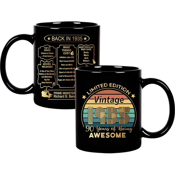 Cadeaux de 90e Anniversaire pour Femmes Hommes, Tasse à Café d'Information d'Anniversaire 1935, Décorations de Fête d'Anniversaire de Quatre-Vingt-Quinze Ans, Tasse à Thé 11OZ