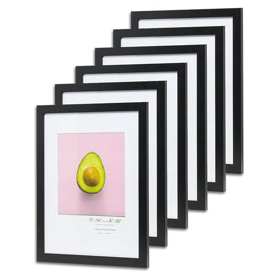 The Display Guys - 6-Pack Minimalist Wooden Picture Frames with Tempered Glass - 11x14 mat to 8x10 - Black - Wall Hanging