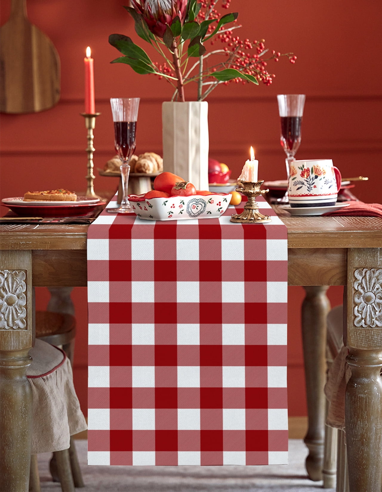 Farmhouse Buffalo Plaid Table Runner Red White Checkered Tablerunners 14 x 72 Inch, Table Decorations Tabletop Scarf for Summer Gathering Holiday Farmhouse Kitchen Dining Decor