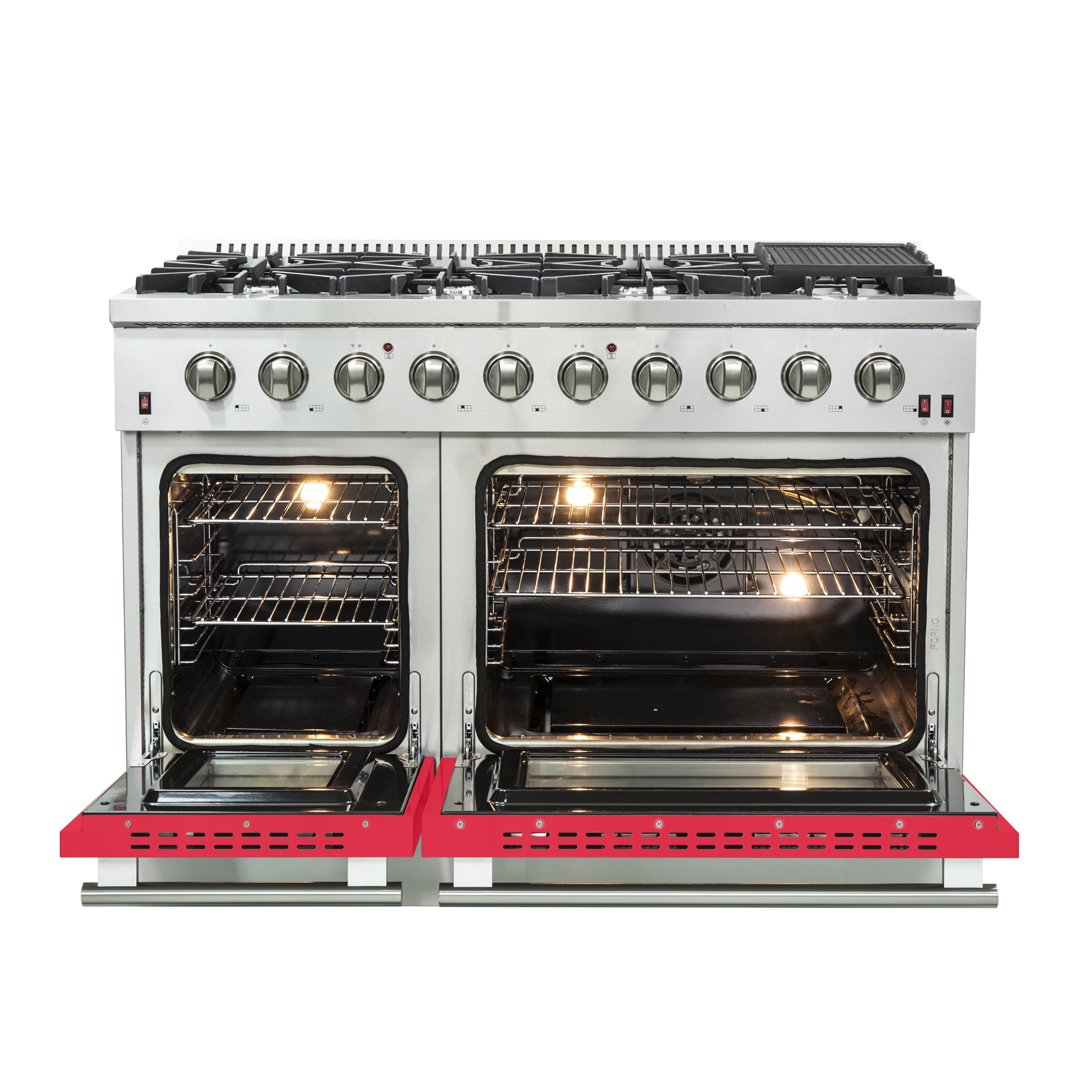 Forno Galiano 48-Inch Freestanding Gas Range, Stainless Steel, 8 Burners, 107,000 BTU, Griddle, Double Ovens, Energy Efficient, Red Doors