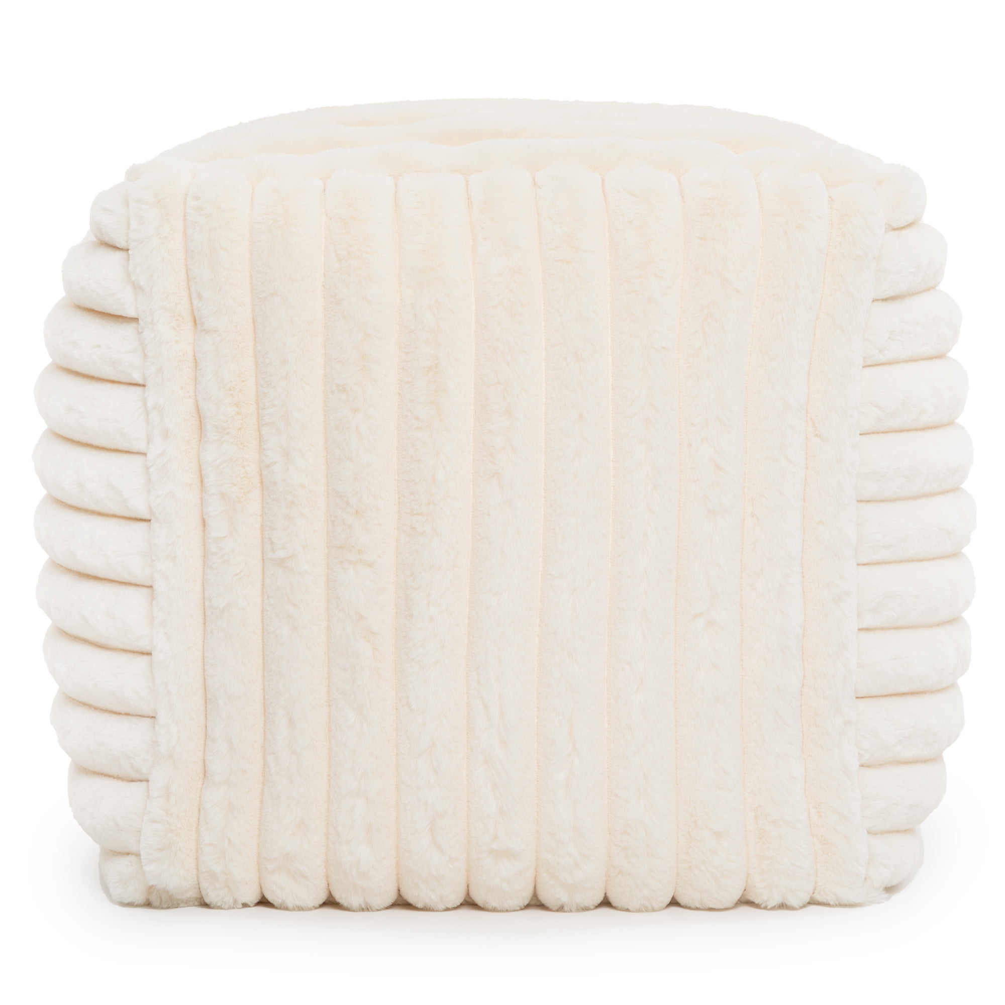 Gouchee Home Raya Cube Pouf Ottoman or Footrest, Natural, 16" x 16" x 16", Faux Fur Cover, Polystyrene Bead Filling