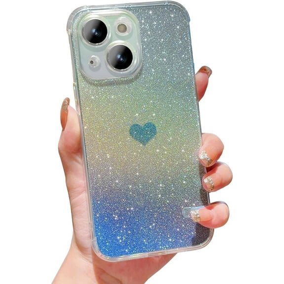 Compatible with iPhone 15 6.1" Gradient Bling Glitter Clear Case, Cute Heart Laser Holographic Case with Camera Lens Cover Protector Soft Shockproof Phone Cover for Women Girls (Blue Heart)