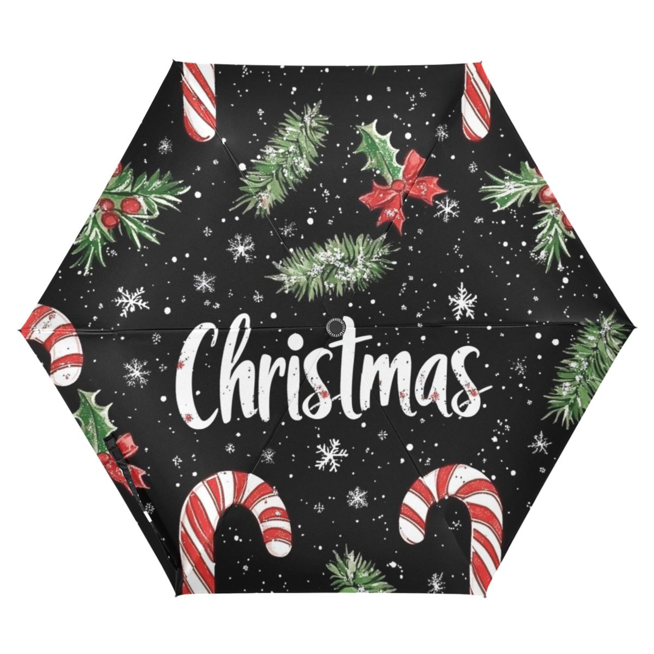 Pine Leaves Candy Canes Christmas Snowflakes All Weather Umbrella Triple Folding Parasol 6 Ribs UV Protection Portable