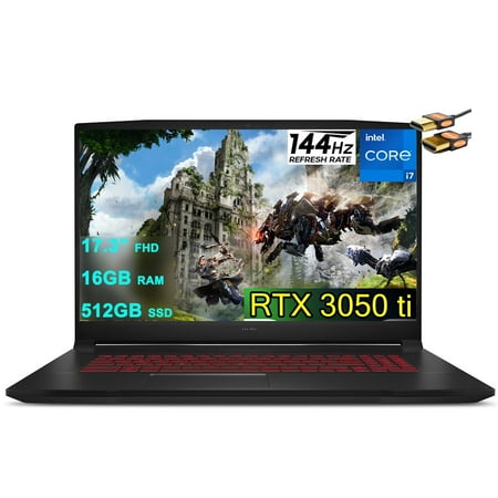 MSI Katana GF76 17 Gaming Laptop 17.3” FHD IPS 144Hz Display 11th Gen Intel 8-Core i7-11800H 16GB RAM 512GB SSD GeForce RTX 3050 Ti 4GB Backlit USB-C Nahimic Win10 Black + HDMI Cable