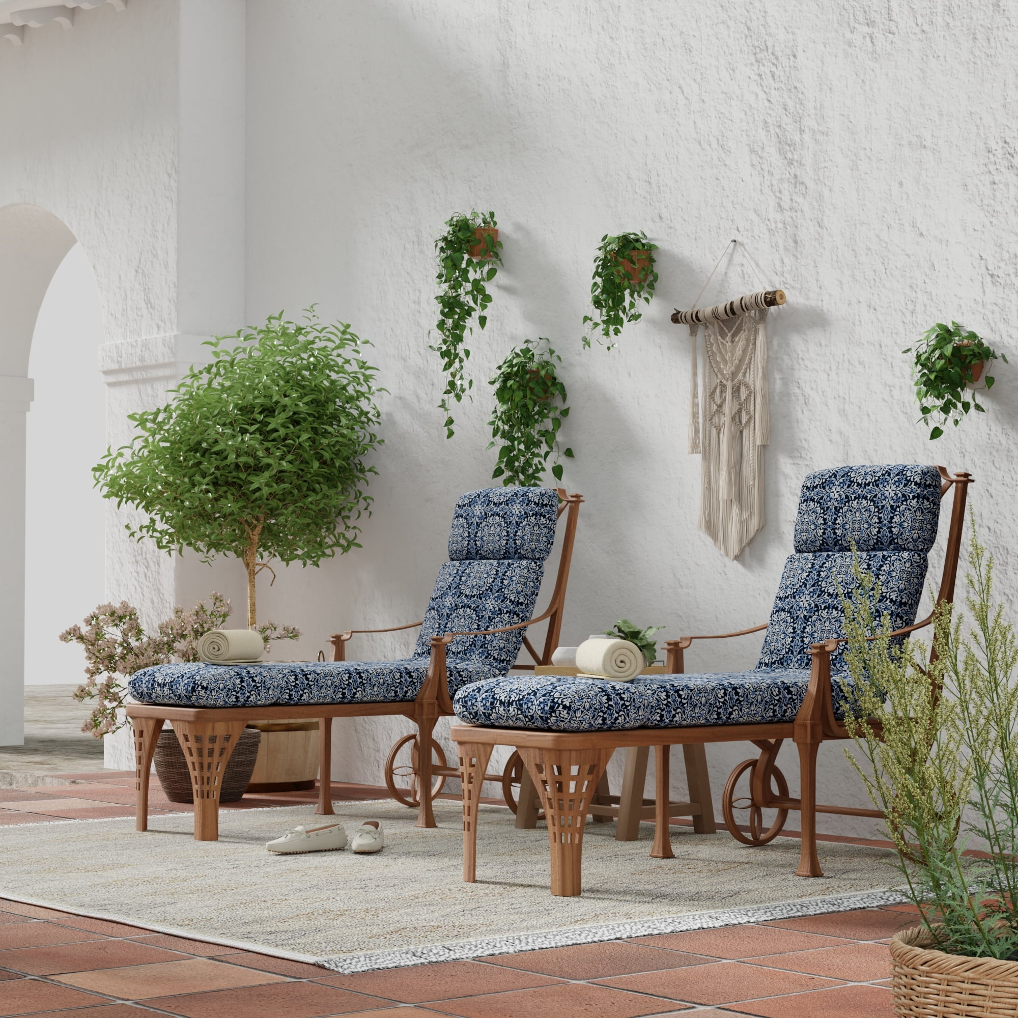 Jordan Manufacturing 72" x 22" Dresden Midnight Navy Damask Rectangular Outdoor Chaise Lounge Cushion with Ties and Hanger Loop