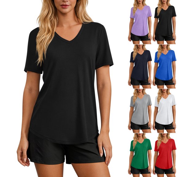 Women Shirts V Neck Short Sleeve Loose Fit Curved Hem Summer Casual Top Multiple Solid Colors Available