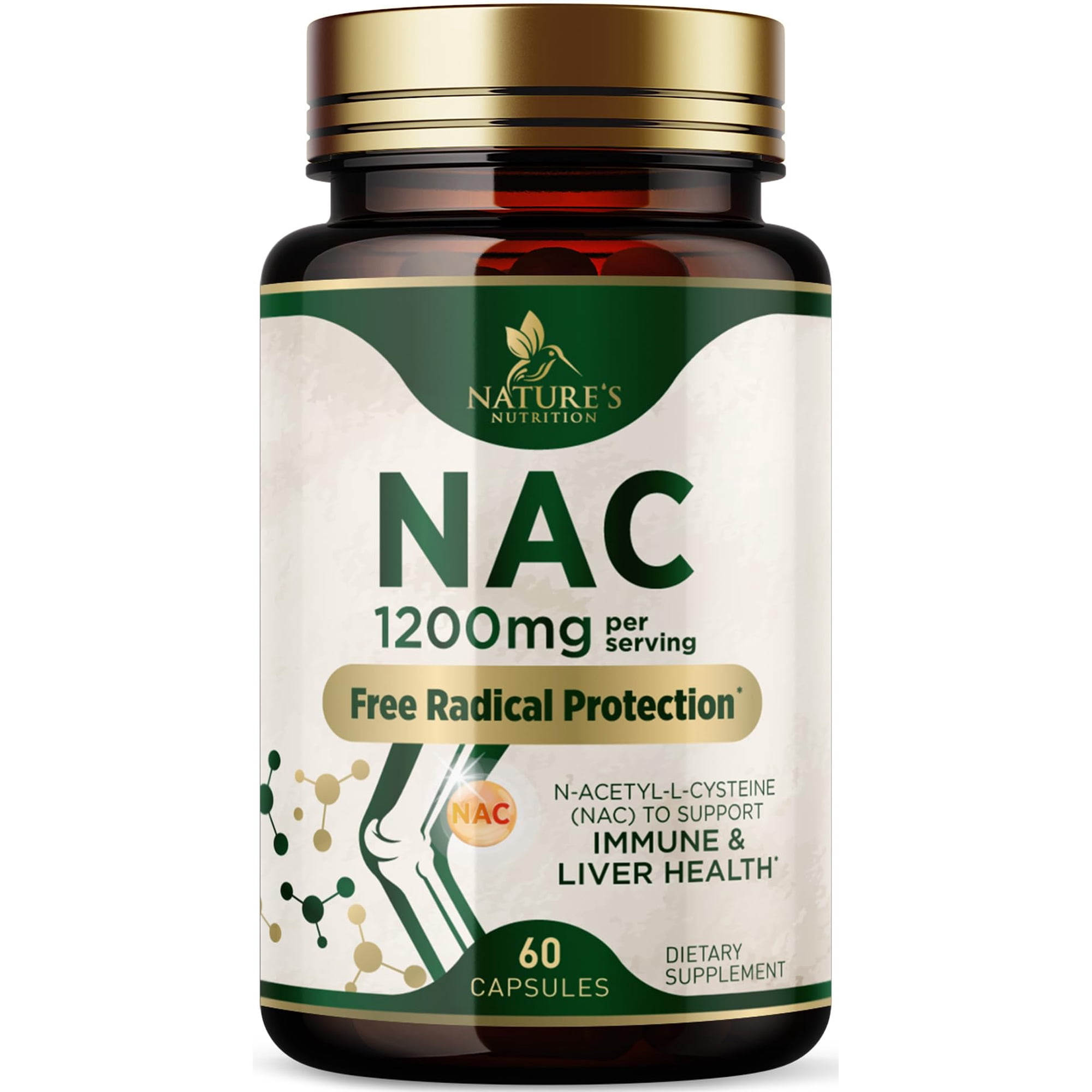 N-Acetyl-L-Cysteine (NAC) Supplement - 1200mg Free-Form NAC - Powerful Antioxidant Fights Free-Radicals - Daily Immune, Liver & Respiratory Support - Vegan, Gluten Free, Bottled in USA - 60 Capsules