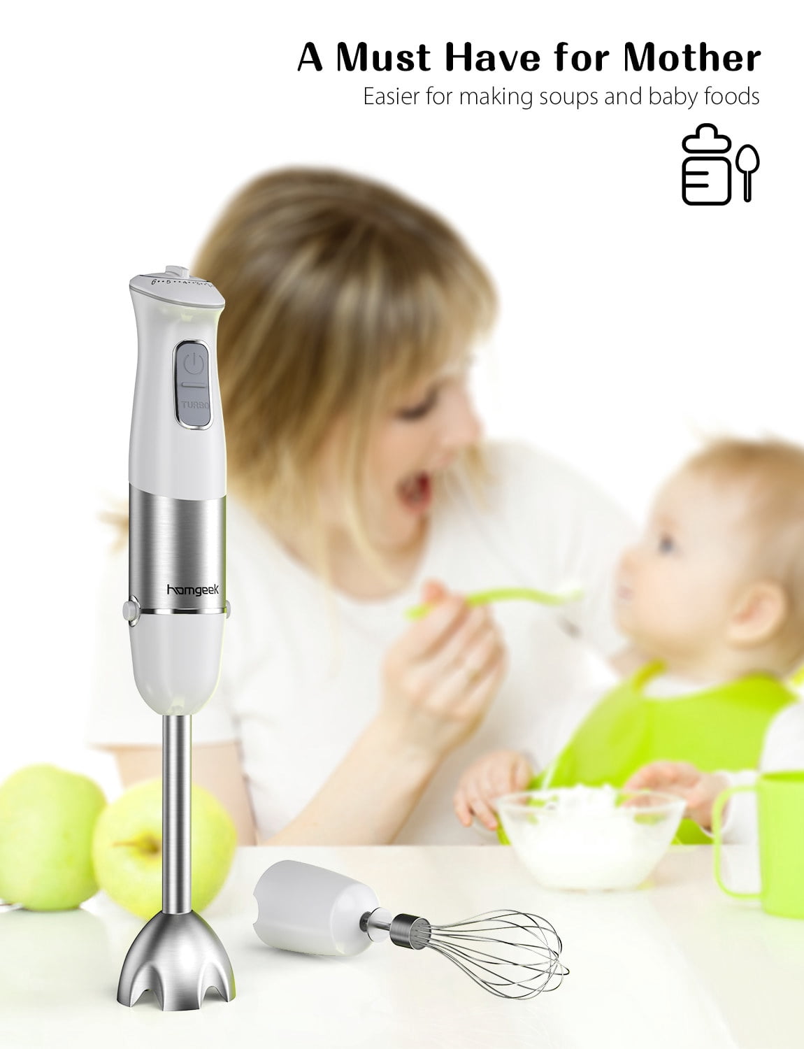 2 in 1 Handheld Blender + Whisk 6-Speed Dishwasher Safe BPA-free Anti-Splash Blades