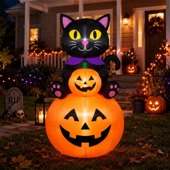 GVDV 6FT Halloween Inflatables Pumpkin Cute Cat Outdoor Decoration, Halloween Blow Up Yard with Built-in LEDs for Holiday Party, Lawn, Garden Decor