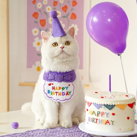 Purple Pet Birthday Costume Bib and Hat Set for Dogs Cats