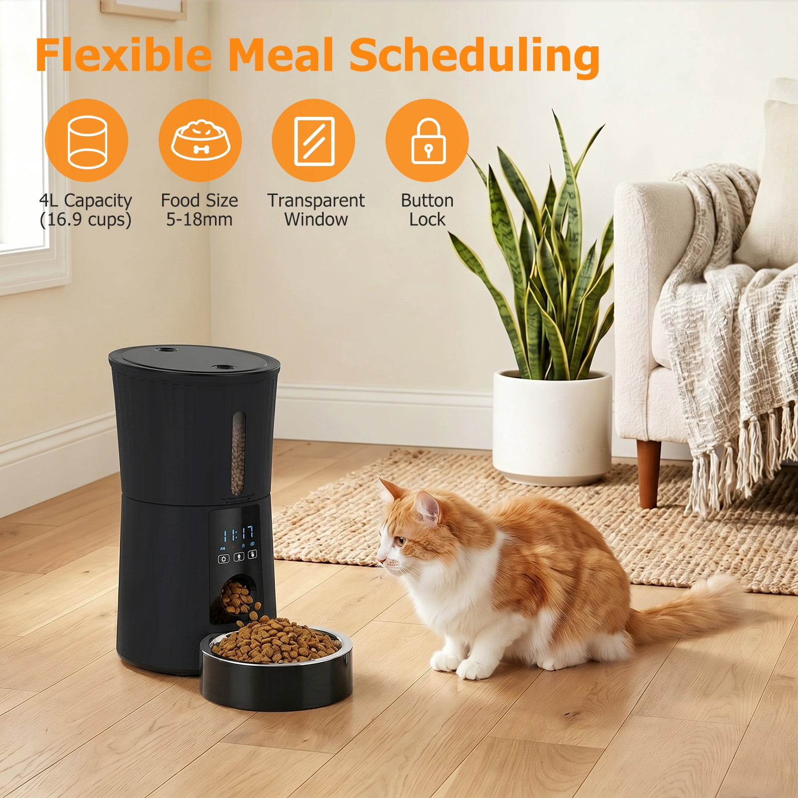 Atilioo Automatic Cat Feeder, 4L WiFi Pet Food Dispenser with App Control, Dry Food, Dual Power Supply, Timed Portion Control for Cats & Small Dogs, Black