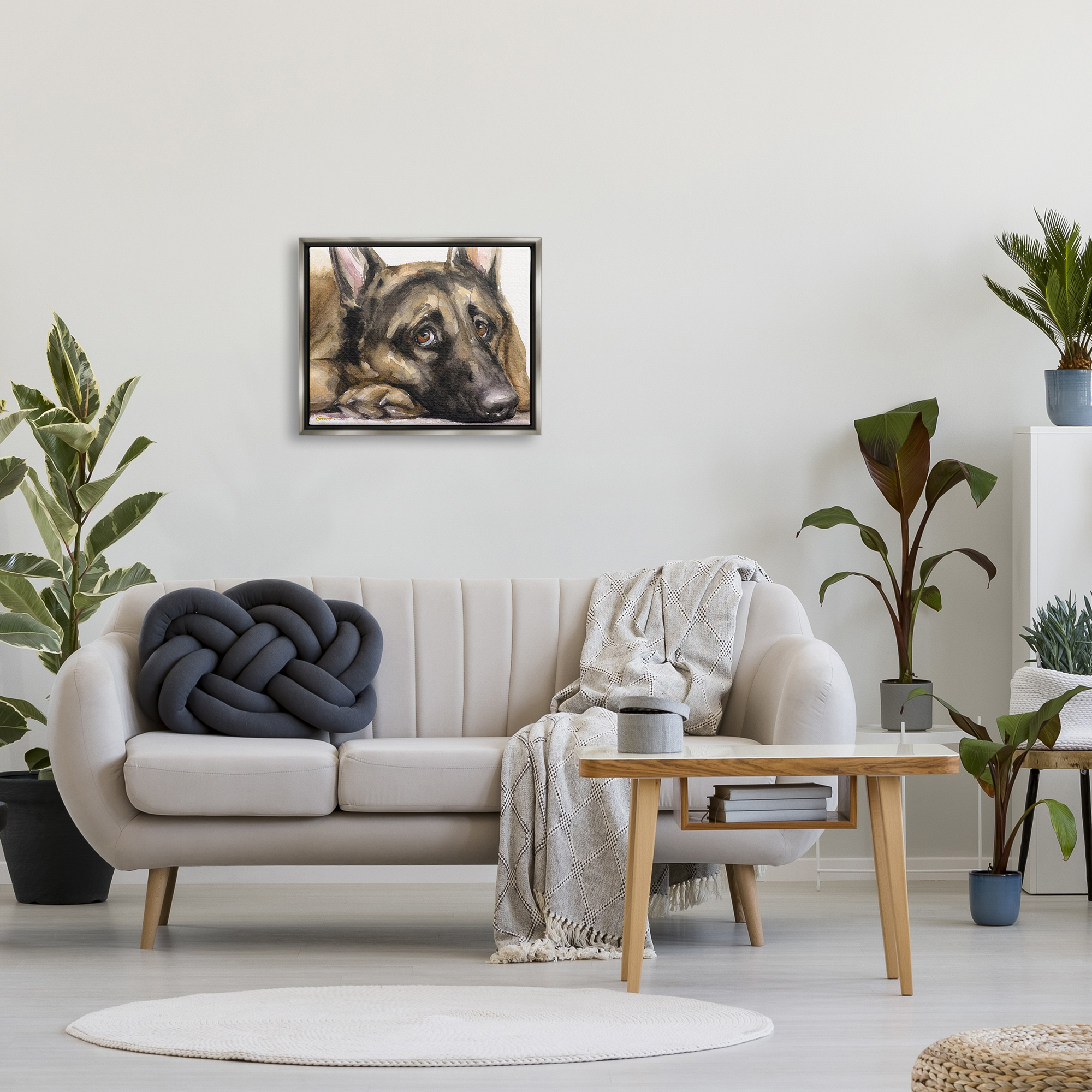 Stupell Industries Tired German Shepherd Dog Resting Head On Paw Painting Luster Gray Floating Framed Canvas Print Wall Art, Design by George Dyachenko
