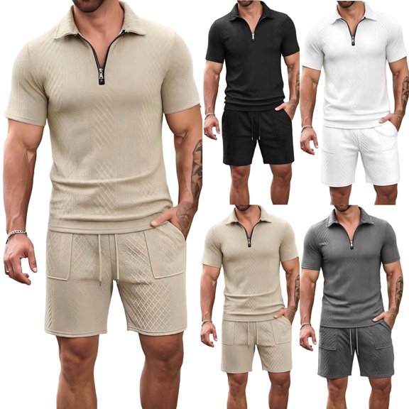 VBVC Men's 2 Piece Summer Textured Short Sets, Short Sleeve Quarter Zip Shirt and Drawstring Shorts For Men,Black,S-3XL