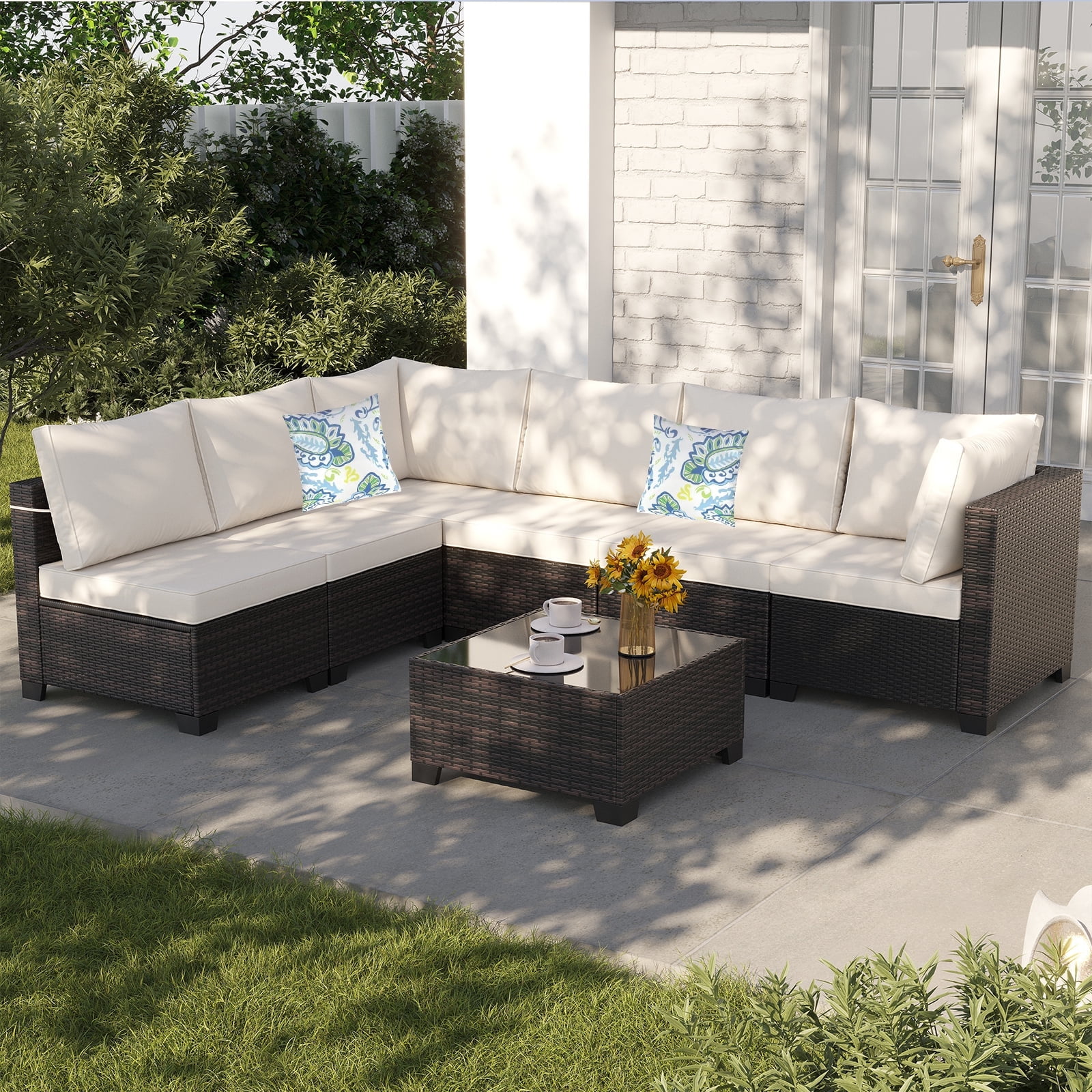 ZXRLHX 7-Piece Wicker Rattan Patio Conversation Set with Steel Frame and Coffee Table, Brown/Beige