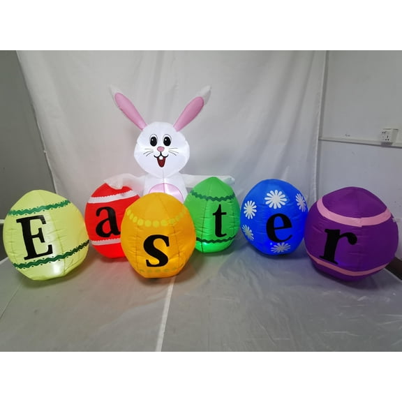 KITBONIS 8ft Inflatable Easter Decor Cute Bunny&Eggs Colorful Decoration Easter Bunny Eggs Shopping Mall Inflatable Decor