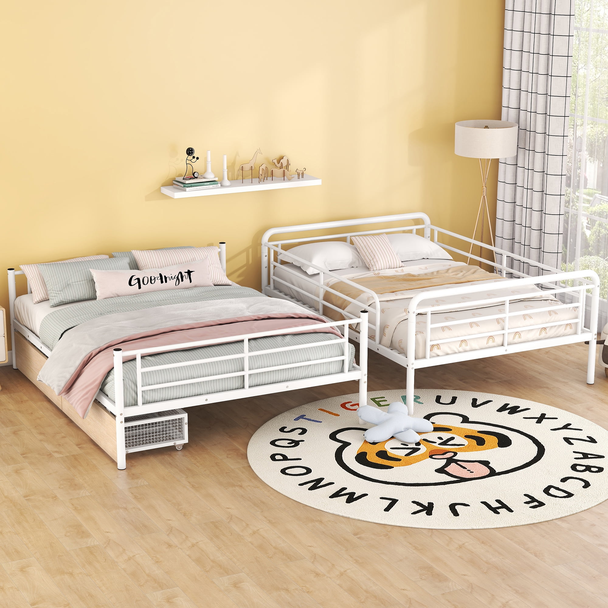 Aukfa Full XL over Queen Metal Bunk Bed with 2 Drawers for Teens, Adults, Dorm, White