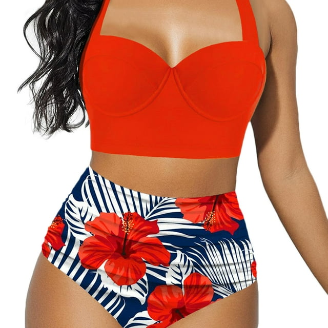ITFABS Women Push Up Bikini Set Flower Print High Waist Swimming Suits